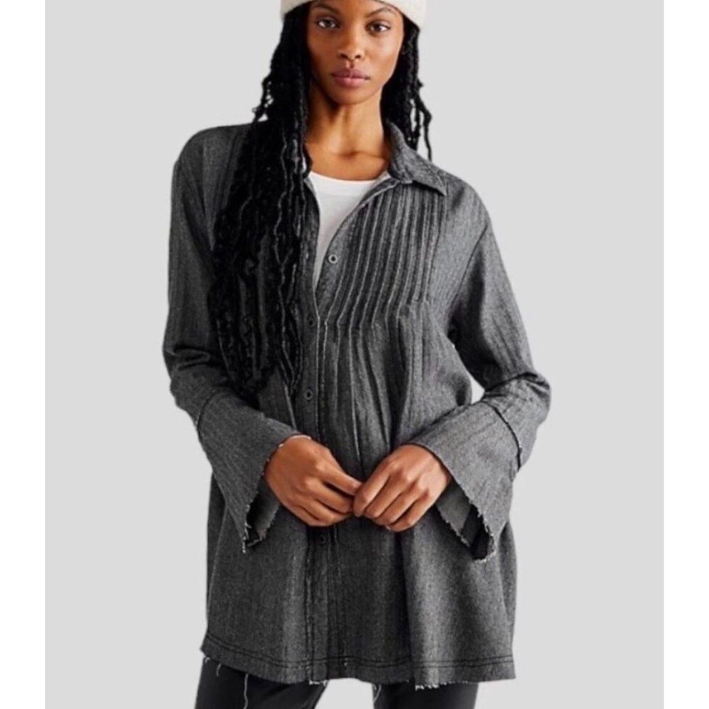 FREE PEOPLE WE THE FREE Brooks Pintuck Tunic Charcoal Herringbone Distressed, XS